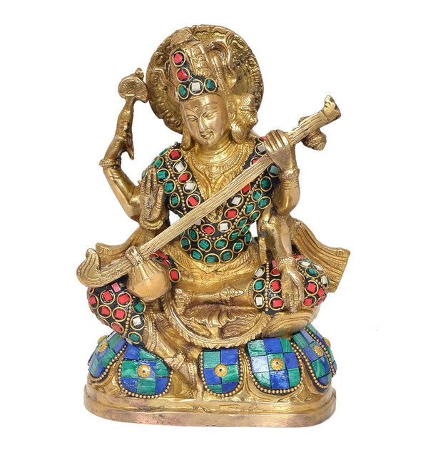 Maa Saraswati Statue - Handcrafted Hindu Goddess Saraswati Idol for Home Decor and Pooja (Height 8 Inch) (MULTICOLOUR) Entryway Setting