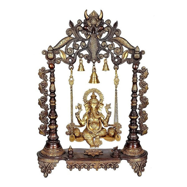 Brass Ganesha on a Swing (Height 26 Inches) Brown Mandir Setting