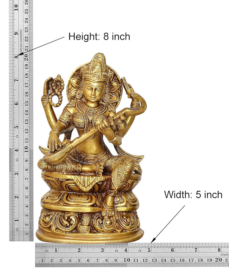 Brass Maa Saraswati Statue Handcrafted Hindu Goddess Saraswati Idol for Home Decor and Pooja (Height 8 Inch)