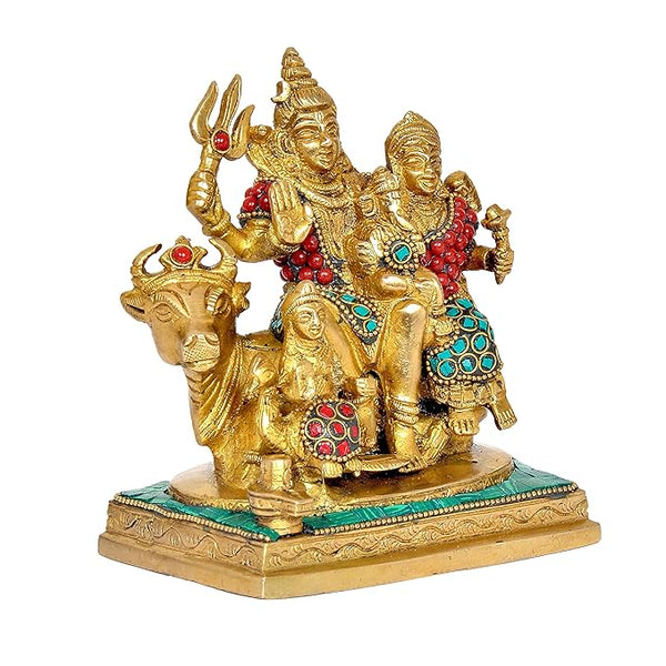 Brass Shiv Parivar Statue Idol for Home Decor Showpiece | Height : 6 Inches (Green Multi) Study Setting
