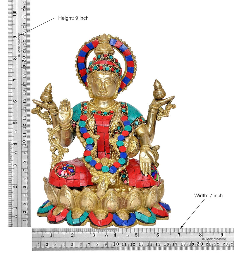 Brass Lakshmi Idol Laxmi Goddess Lakshmi Sitting Statue for Puja Temple at Home Decor Office (Height: 9 Inch)