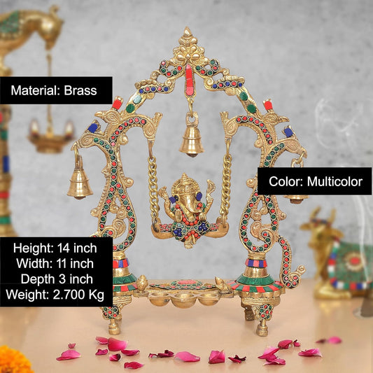 Brass Ganesha Playing On Swing Idol (Height 14 Inch) (Multicolor 1)