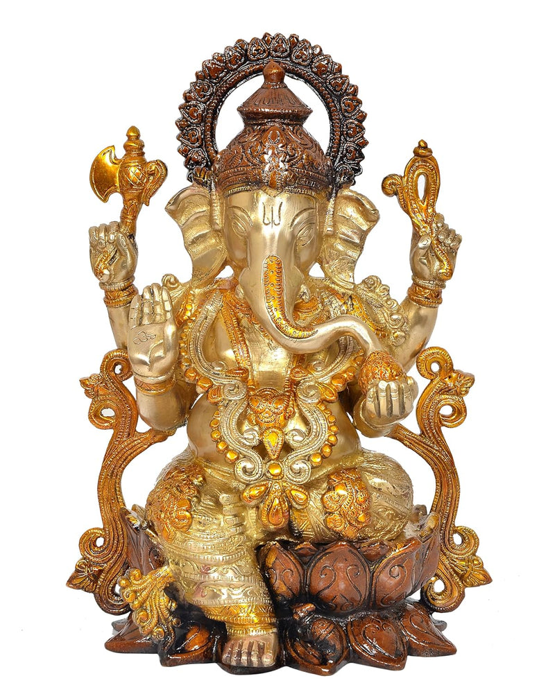 Brass Lord Ganesha Idol Sitting on Lotus (Height 13 Inch)