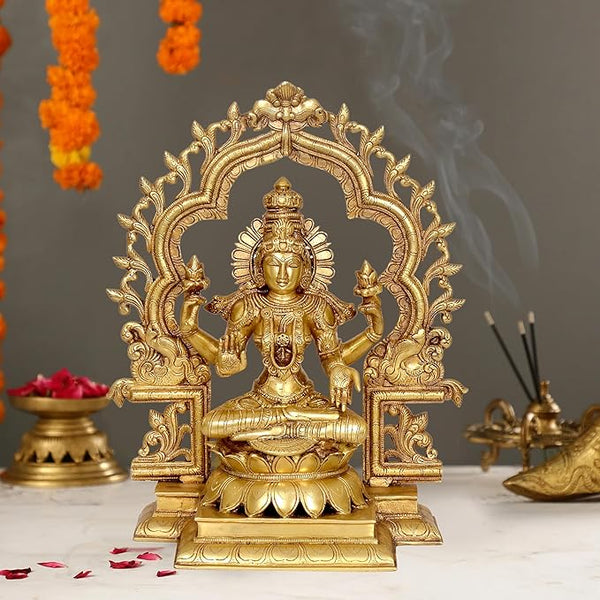 Maa Lakshmi Sitting On Lotus Asan Brass Statue Idol Hindu Laxmi Statue Home Office Decor & Puja (Height: 15.5 Inches) Mandir Setting