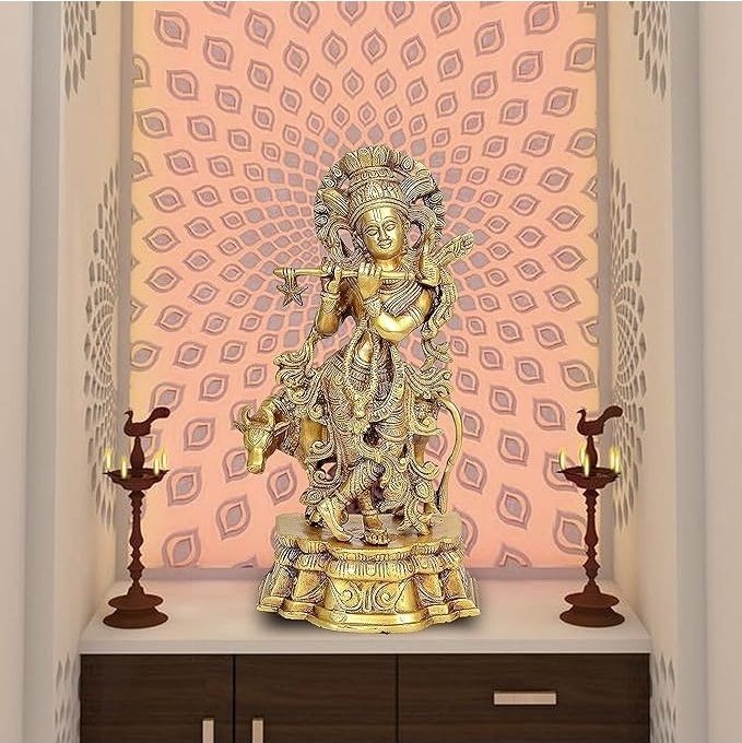 Brass Lord Krishna with Cow Decorative Figurine (Height: 13 Inches)