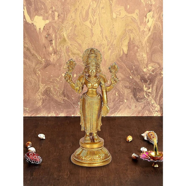 Shri MATA Lakshmi Idol in Standing Position Maha Lakshmi Brass Idol Laxmi MATA Brass Idol for Prosperity Golden Height 9 Inches Mandir Setting