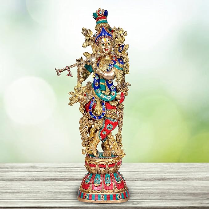 Brass Lord Krishna Murti with eye work (Height : 29 inches)