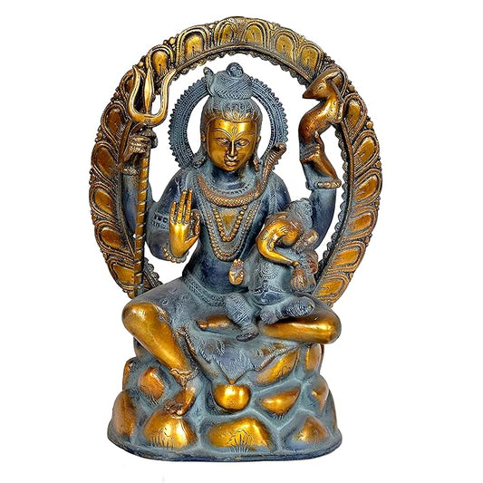 Brass Lord Shiva with Ganesha Sculpture (Height: 12 Inches)