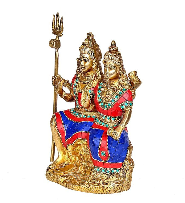 Brass Shiv Parvati Idol Murti Sculpture for Home Office Temple Multicolour Height 9.5 Inches Study Setting