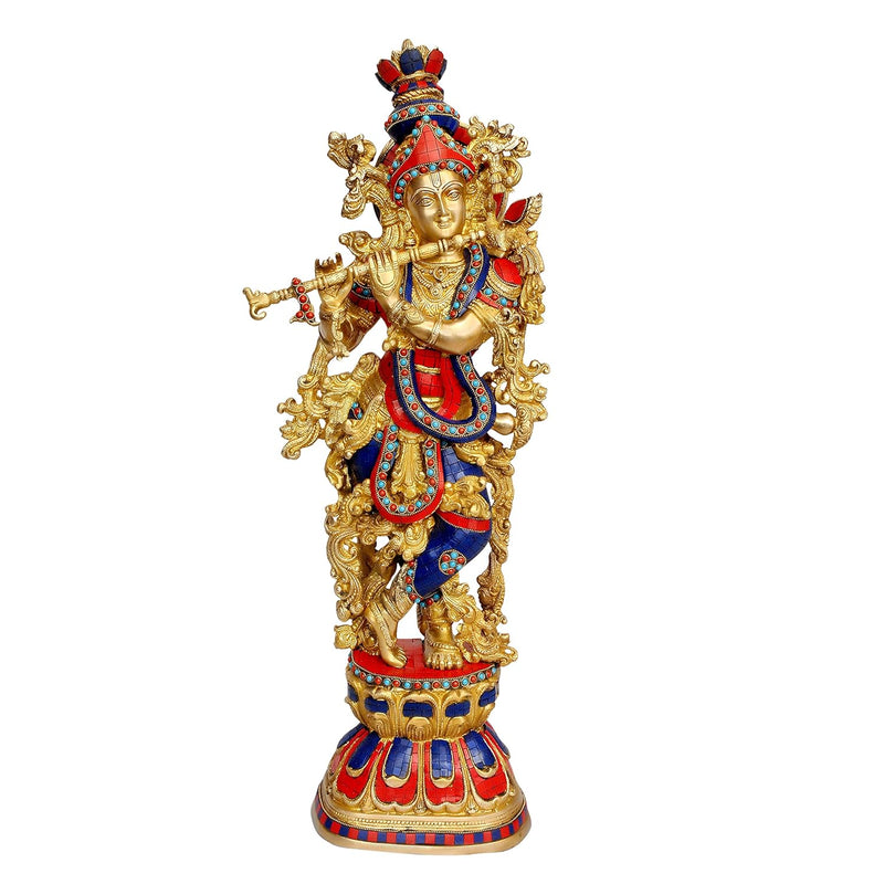 Brass Radha Krishna Statue with stone work (29 Inches)