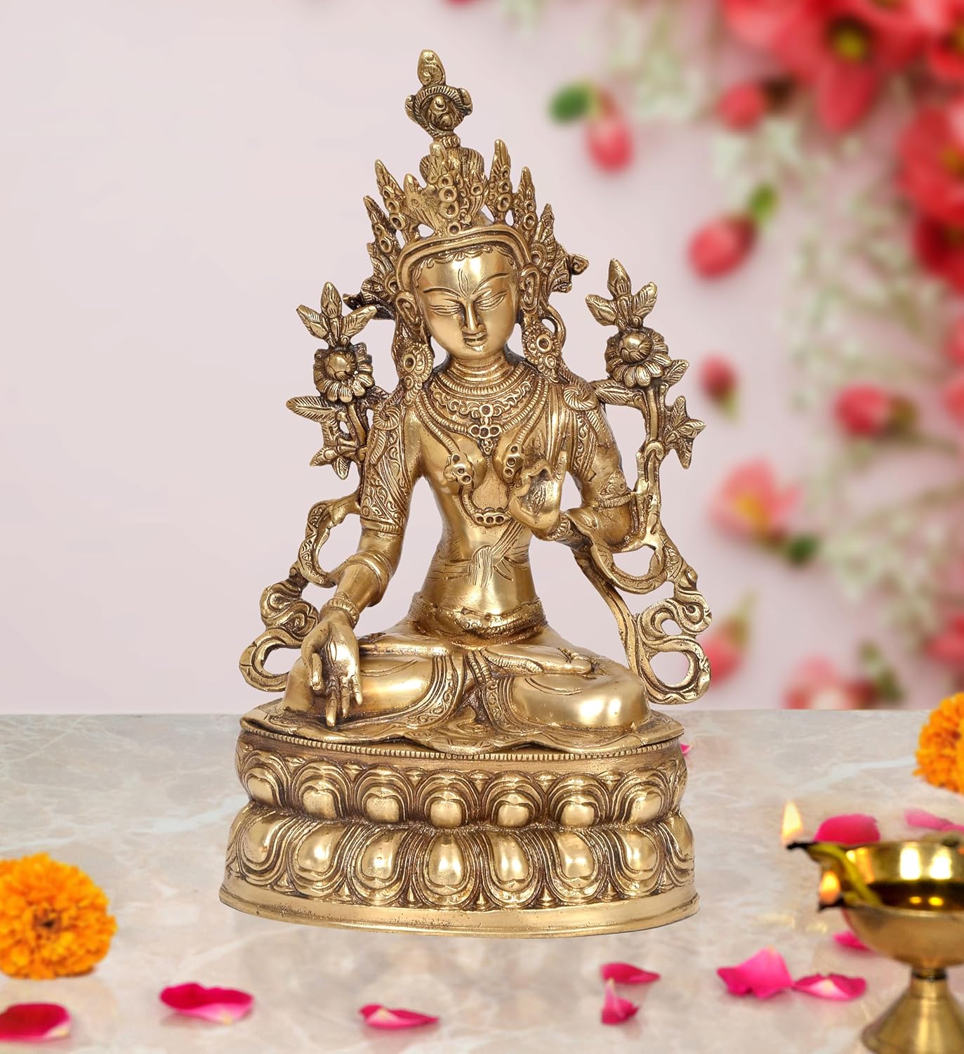 Brass Tara Devi Statue - Handcrafted Hindu Goddess Idol for Home Decor and Pooja Mandir Golden Color (Height 14 Inch)