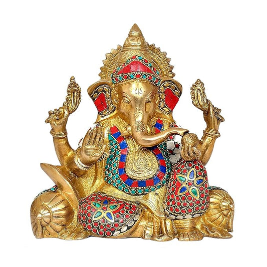 Brass Ganesha with stone work (Height: 10 Inches)