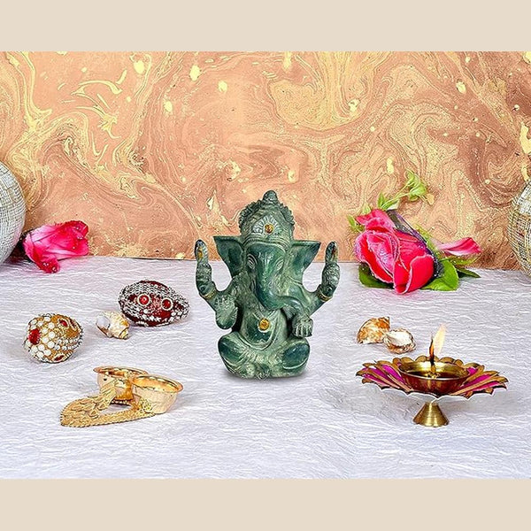 Brass Lord Ganesha Idol Statue Figurine Sculpture for Home Office Temple Puja Green Height Mandir Setting