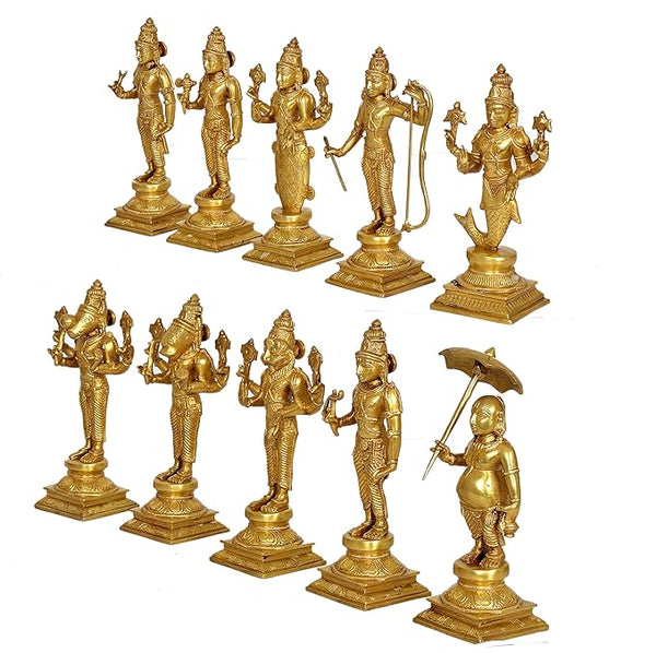 Brass Vishnu Dashavatar Idols (Height : 9 Inches (Each)) | Set of 10 Entryway Setting