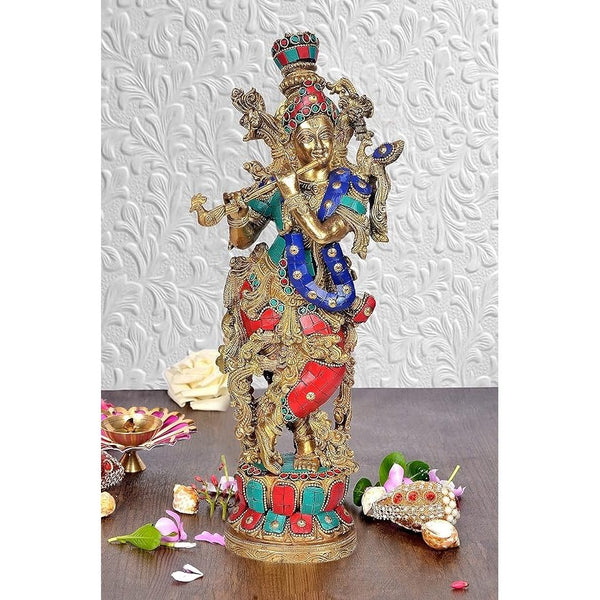 Brass Lord Krishna Idol (Height 14 Inches) Mandir Setting