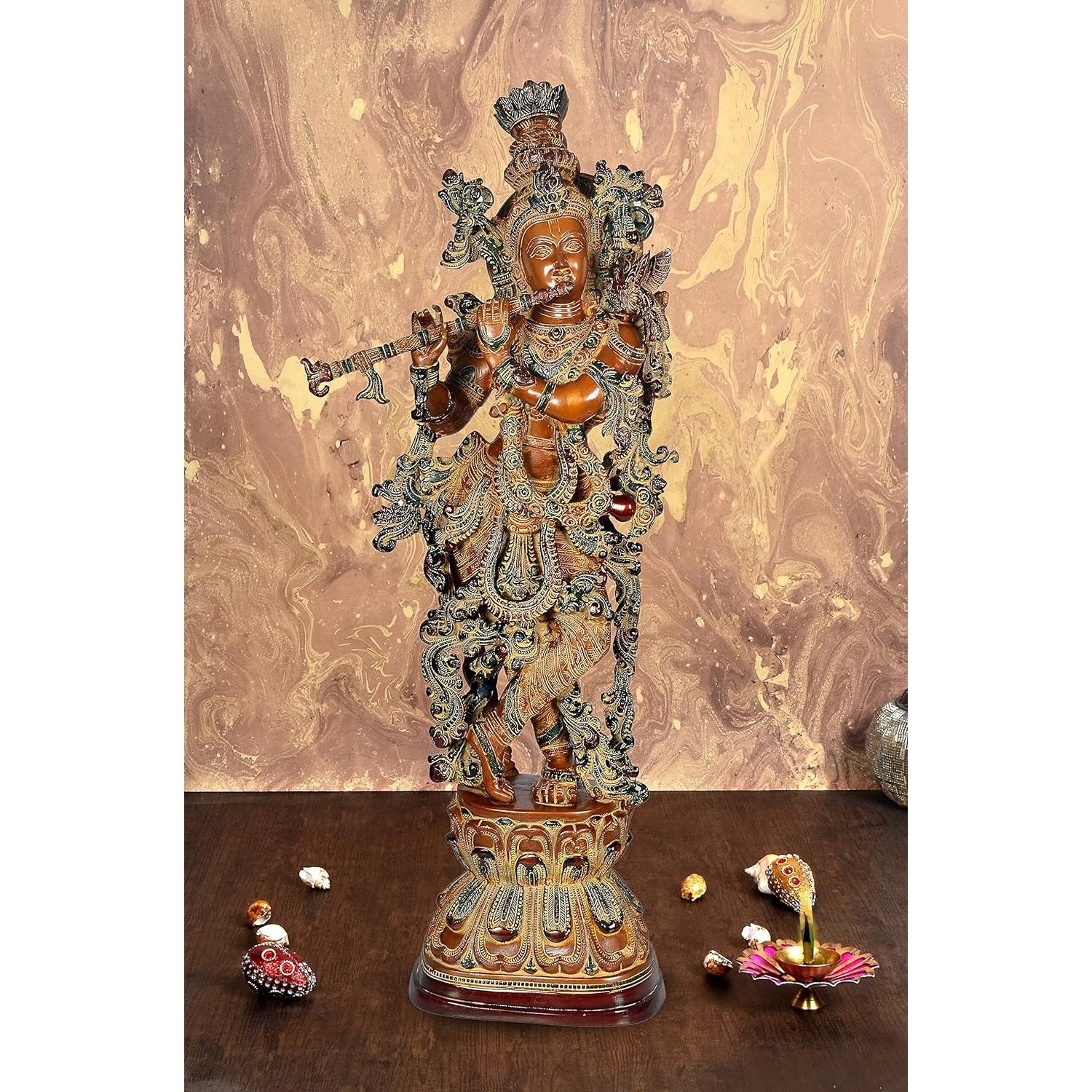 Brass Lord Krishna Figurine (Height 29 Inches)