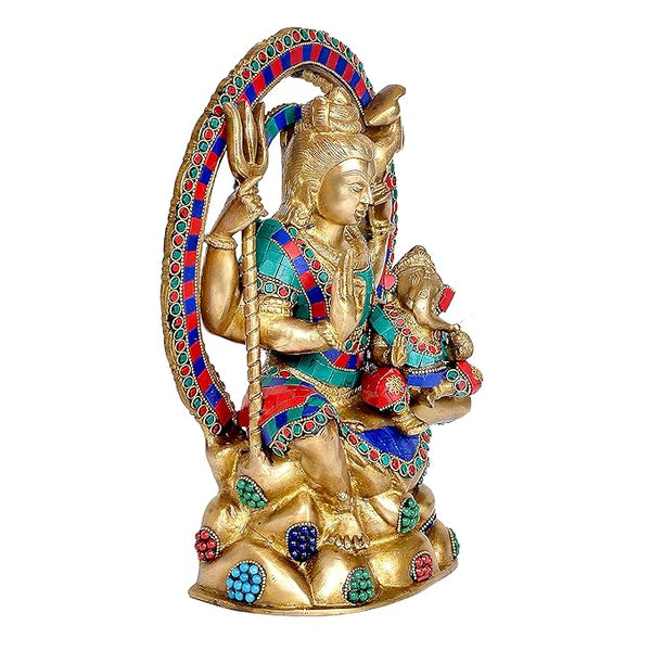 Brass Shiva with Ganesha Sitting On his Lap Statue (Height: 12 Inches) Study Setting
