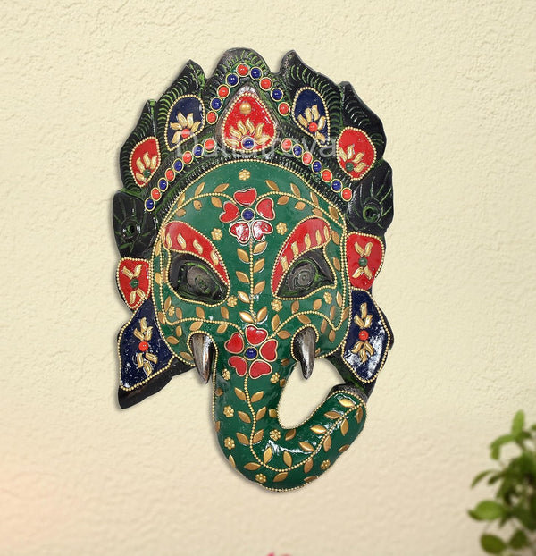 Metal Ganesha Wall Hanging Mask (Height:9 Inch) Mandir Setting