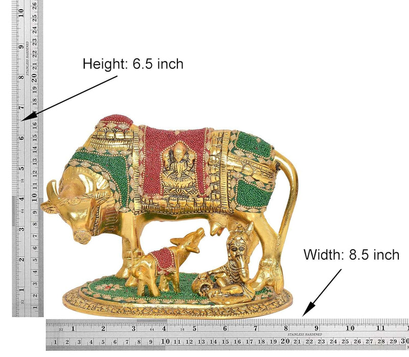 Metal Kamdhenu Cow with Calf and Bal Krishna (Height: 6.5 Inch)