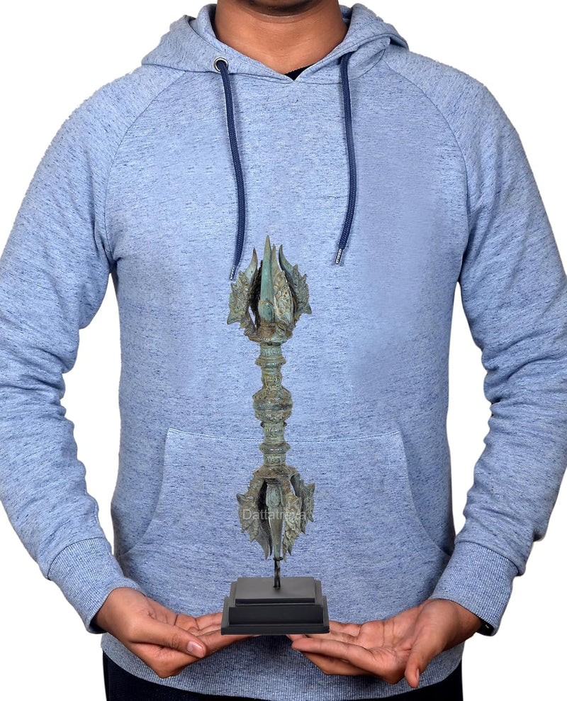 Vintage Indonesian Bronze Tibetan Buddhist Eight Pronged Small Dorje With wooden base (Height :16 inches)