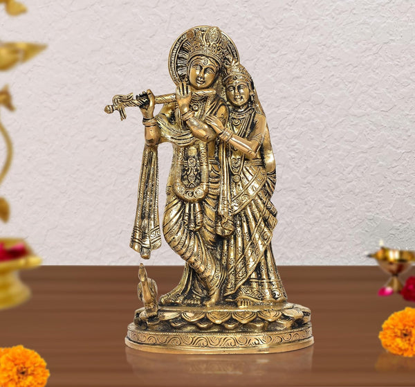 Brass Radha Krishna Idol Statue for Home Decor and Pooja Mandir Office Decor (Height 11 Inch) Mandir Setting