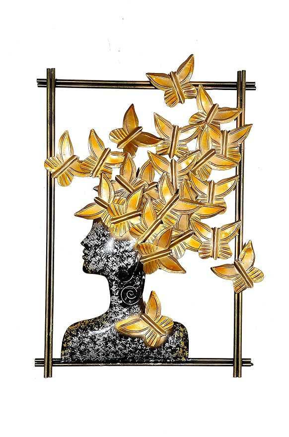 Iron Abstract Woman with Butterfly Hair Frame Wall Decor (Height: 29 Inches) Mandir Setting