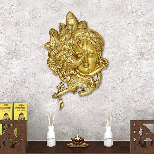 Brass Krishna Mask Wall Hanging Decor (Height :12.5 Inches) Mandir Setting