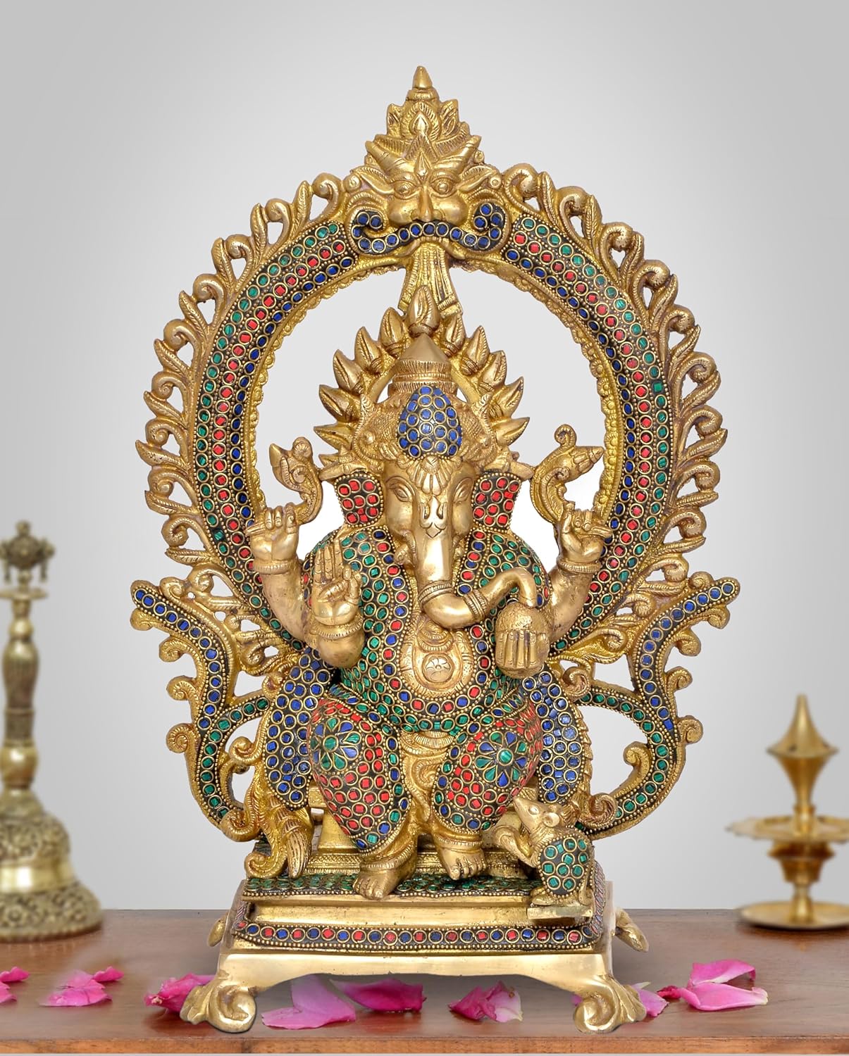 Brass Lord Ganesha Kirtimukha on top of throne (Height 16 Inch) Multicolour