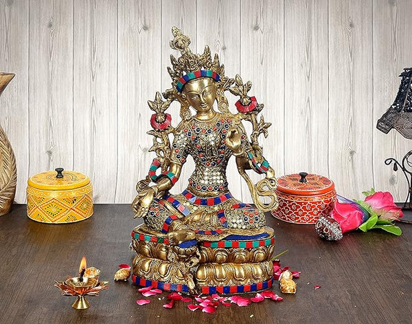 Large Tara Devi Statue Brass Tibetan Goddess Religious Statue Height 14 Inches Mandir Setting