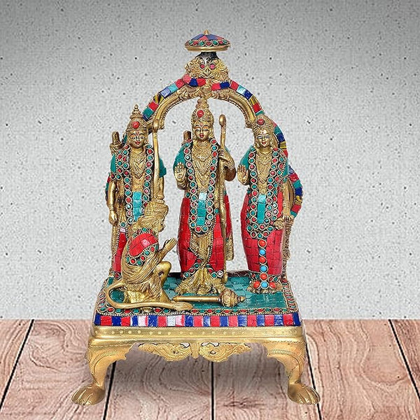 Brass Lord Ram Darbar Religious Indian Art Statue Idol Multicolour with Eye Work Height 13 Inch Mandir Setting