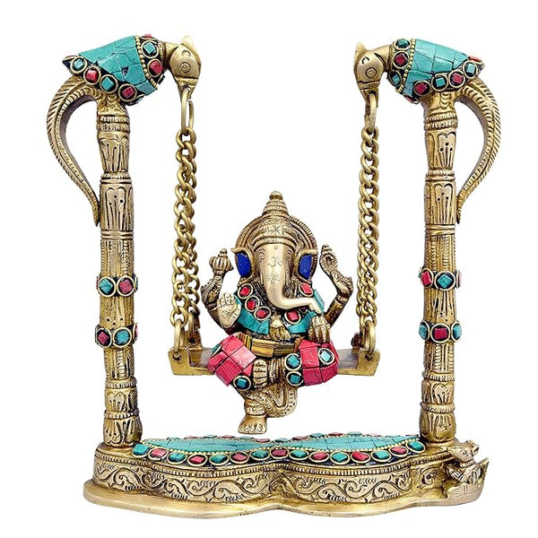 Brass Ganesha on a Swing Statue with Two Parrot Holding Chain, Height : 8.5 Mandir Setting