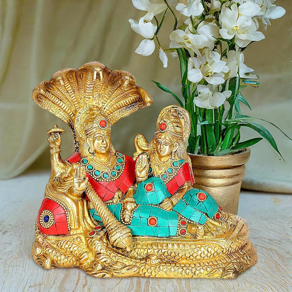 Brass Lord Vishnu and Lakshmi Maa On Shesha Naag Idol (Height : 6 inch) Mandir Setting