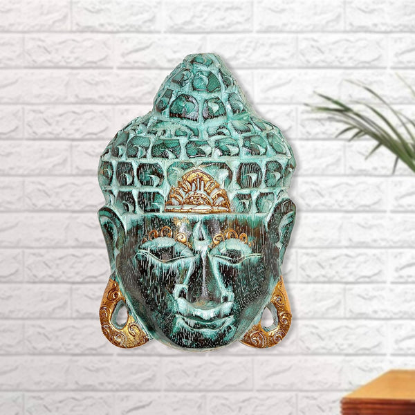 Wooden Buddha Mask Wall Hanging (Height: 10 Inches) Mandir Setting