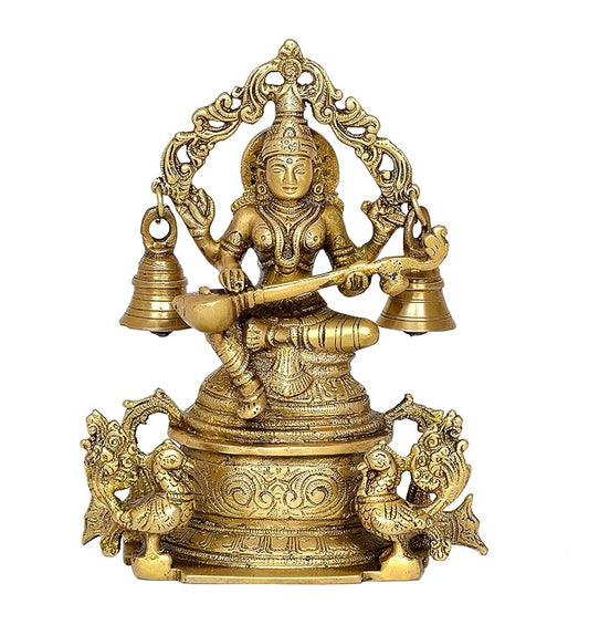 Brass Goddess Saraswati Sitting On Throne (Height: 8 Inch)
