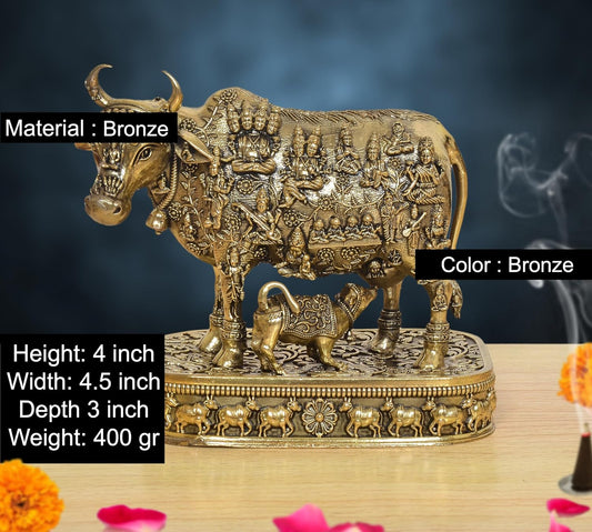 Bronze Kamdhenu Cow with Calf God Figure Murti (Height: 4 Inch)