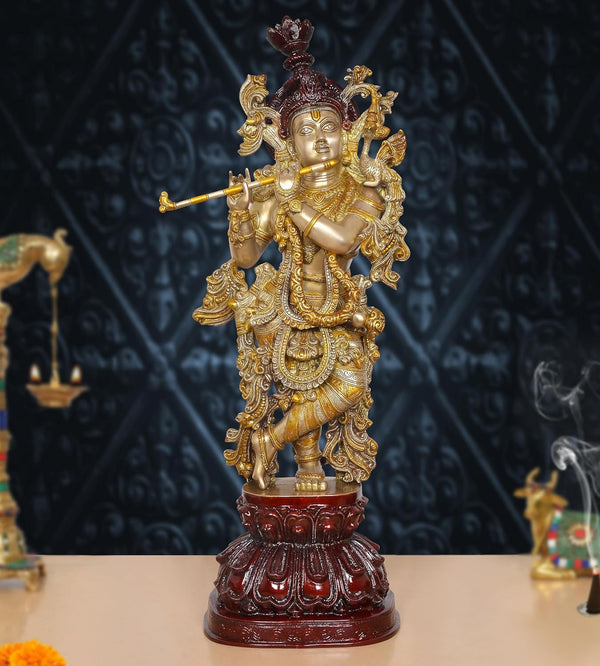 Brass Big Size Lord Krishna Idol Playing Flute (Height 37 Inch) Entryway Setting