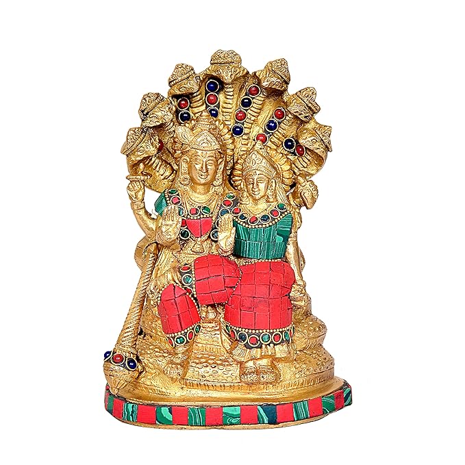 Brass Lord Vishnu with Maa Lakshmi Sitting on Sheshnag (Height: 8 Inch)