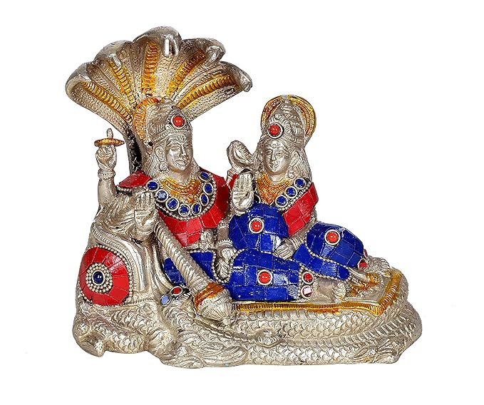 Brass Vishnu Lakshmi Sitting on SheshNaag Idol (Height: 6.4 Inches)