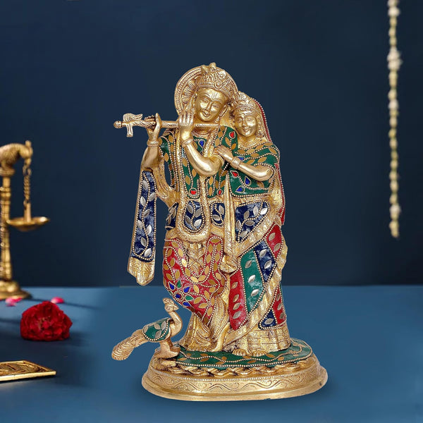 Brass Radha Krishna Idol Statue with Peacock for Home Decor Temple | Height : 11.5 inches Mandir Setting