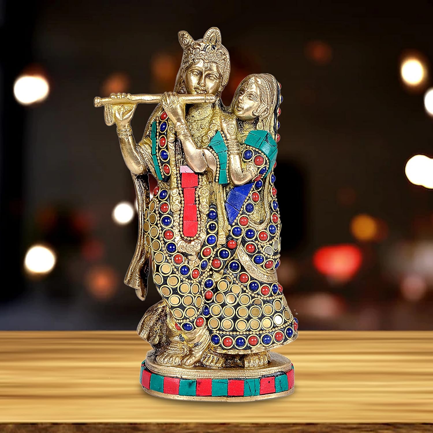 Brass Radha Krishna Idol with Stone Work (Height 8.5 Inches)