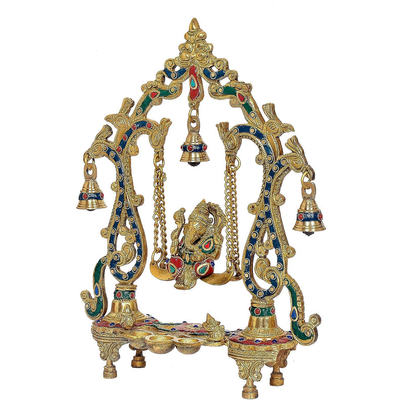 Brass Ganesha Swing Diya with Bell Frame (Height : 14 Inches)