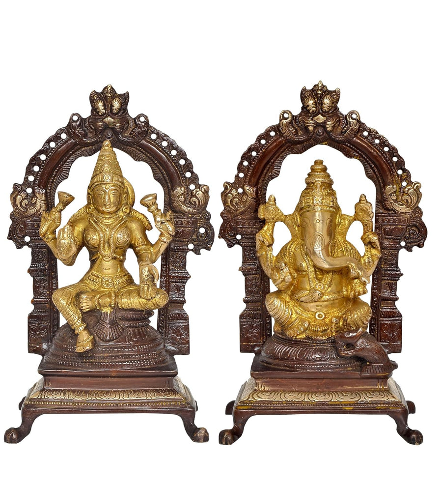 Brass Laxmi Ganesh Statue - Handcrafted Goddess Lakshmi and Lord Ganesha Idol for Home Decor and Pooja Mandir - Hindu Deities Figurine (Height 8 Inch) Craft Detail