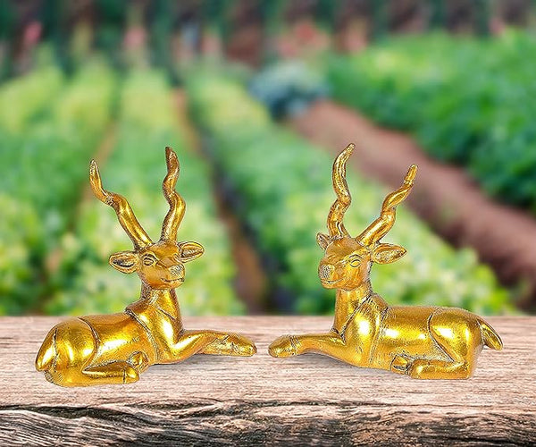 Brass Pair Sitting Hiran Deer Decorative Showpiece Home Office Table Decor Gift Item Golden Height 4 Inches Mandir Setting