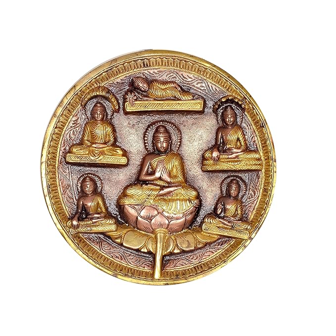 Brass Buddha Plate Satue Idol in All 6 Pose for Wall Hanging Home Decor | Height : 8 Inches Craft Detail