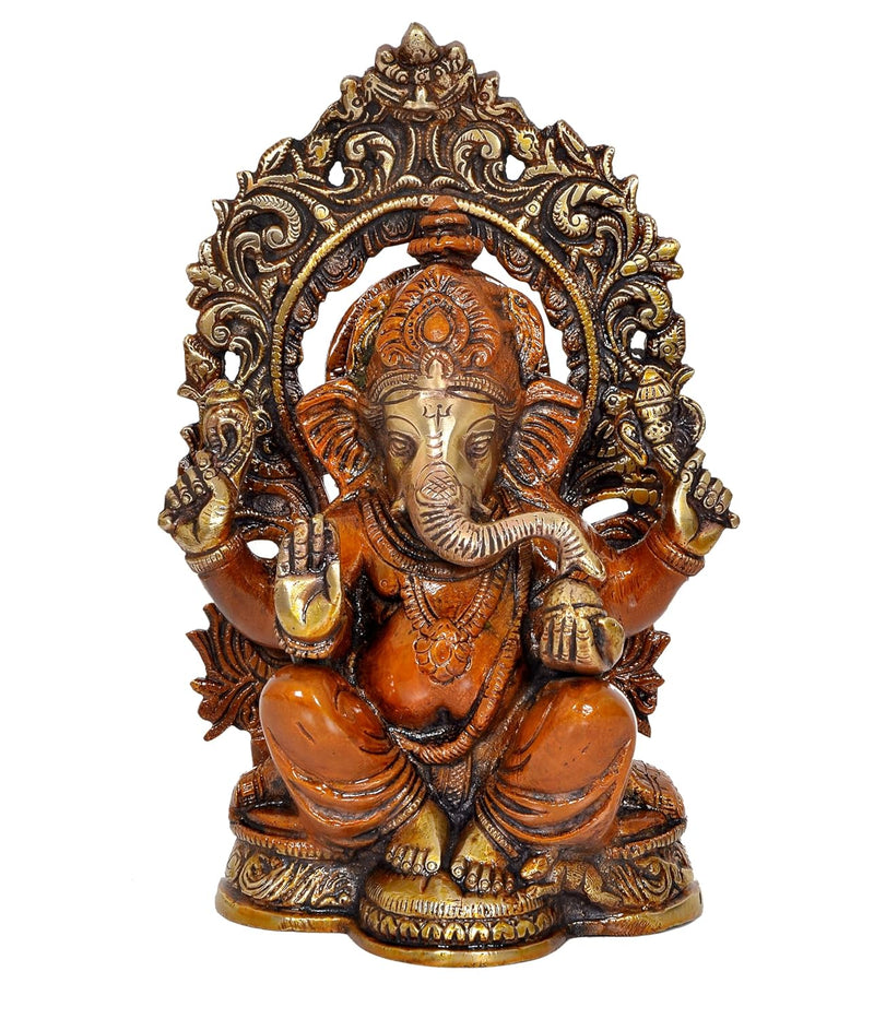 Brass God Ganeshji on Throne Statue (Height 8 Inch)