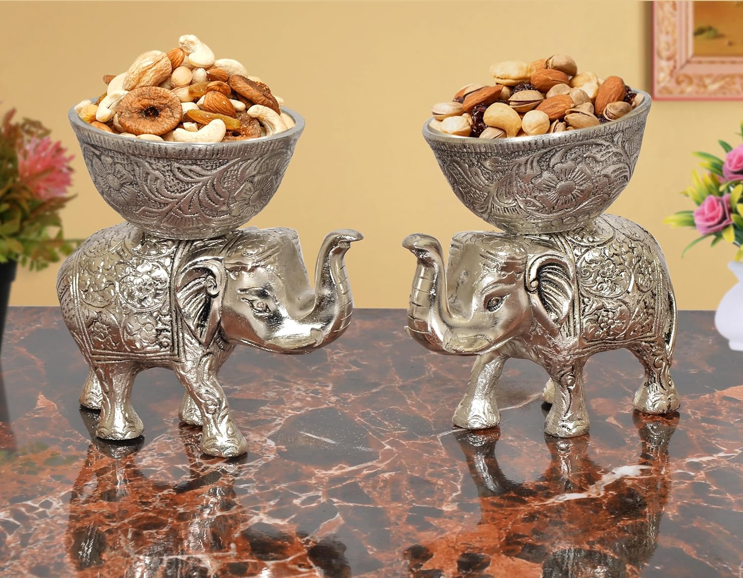 Metal Elephant Dry Fruit Bowl Showpiece Silver Polish Pack of 2 (Height: 5 Inch)