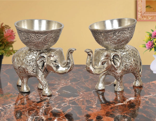 Metal Elephant Dry Fruit Bowl Showpiece Silver Polish Pack of 2 (Height: 5 Inch) Entryway Setting
