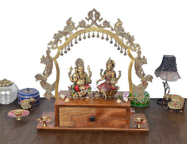 Brass Frame wooden base mandir with drawer (Height: 20.5 Inches) Entryway Setting