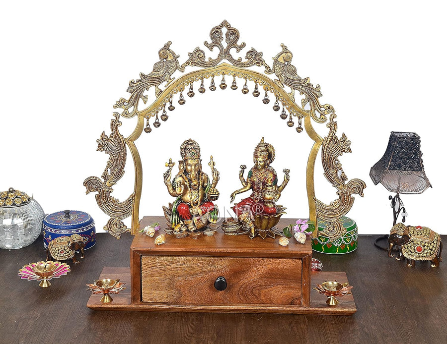 Brass Frame wooden base mandir with drawer (Height: 20.5 Inches) Craft Detail