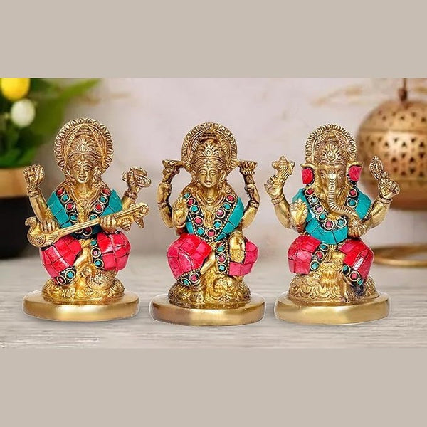 Goddess Lakshmi Ganesha Saraswati Brass Idol Lakshmi Ganesh Murti, Height 5 Width 3.5 Inches Mandir Setting